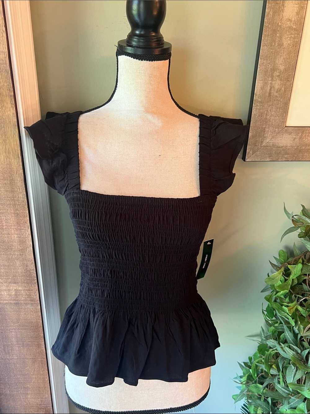 Moa Moa Black Smocked Square-Neck Peplum Camisole